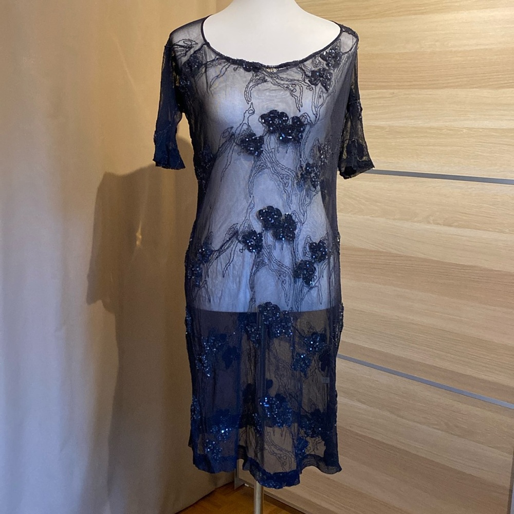 Handwritten by Tanya Sarne Sheer Beaded Mesh Dress Black Sequin Overlay S/M